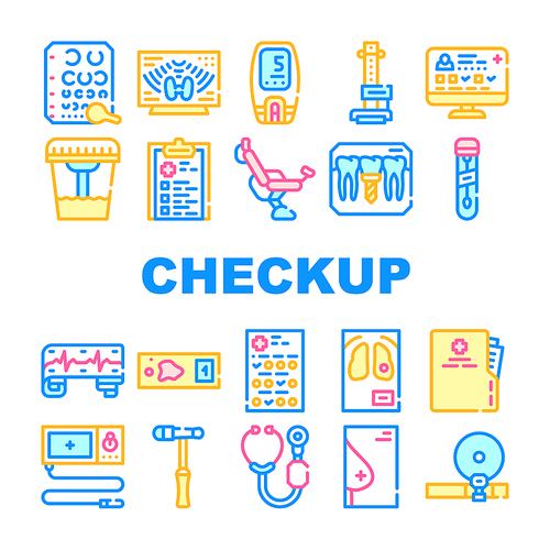 Medical Checkup Health Collection Icons Set Vector. Medical Questionnaire And Card, Blood Test And Analysis, Cardiogram And Endoscope Concept Linear Pictograms. Color Contour Illustrations
