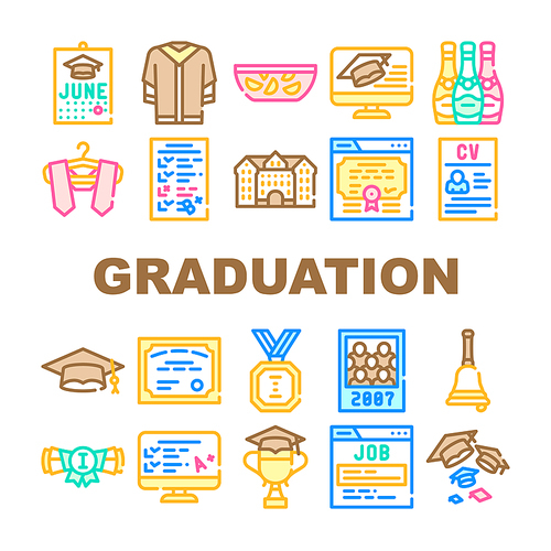 Graduation Education Collection Icons Set Vector. Student Graduation Cap And Mantle, Bell And Medal, Diploma And University Building Concept Linear Pictograms. Color Contour Illustrations