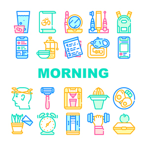 Morning Routine Daily Collection Icons Set Vector. Morning Yoga And Pill Dose, Breakfast And Drink Tea, Juice And Coffee, Cosmetics And Shaver Concept Linear Pictograms. Color Contour Illustrations