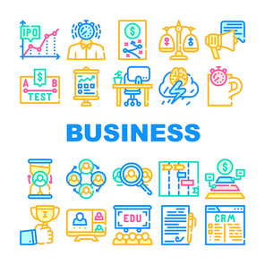Business Situations Collection Icons Set Vector. Business Strategy And Presentation, Employee Search And Contract Signing, Coffee Break And Deadline Concept Linear Pictograms. Contour Illustrations