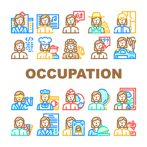 Female Occupation Collection Icons Set Vector. Doctor And Musician, Interpreter And Farmer, Architect And Judge Woman Occupation Concept Linear Pictograms. Color Contour Illustrations