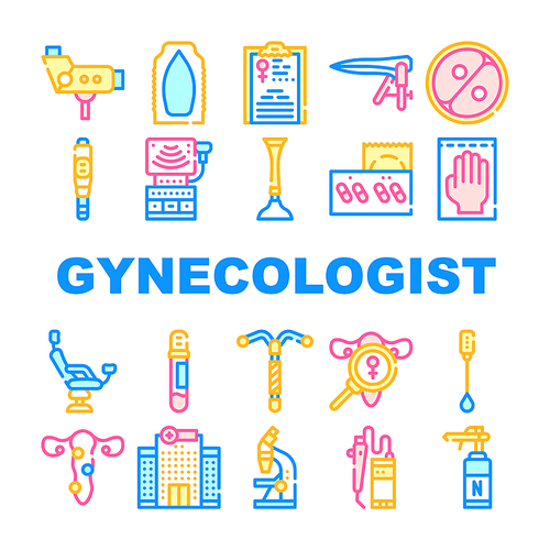 Gynecologist Treatment Collection Icons Set Vector. Gynecologist Colposcope And Stethoscope, Gynecological Suppositories And Chair Concept Linear Pictograms. Color Contour Illustrations