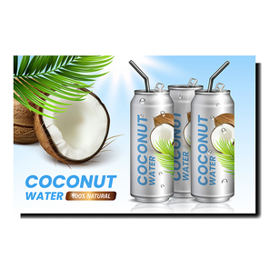 Coconut Water Creative Promotional Poster Vector. Natural Vitamin Tasty Juice Blank Containers With Straws, Coconut Exotic Nut And Branch Advertising Banner. Style Concept Template Illustration