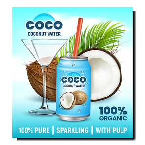 Coconut Water Creative Promotional Banner Vector. Coco Organic Drink In Cocktail Glass And Blank Metallic Bottle, Coconut And Nature Tree Branch Advertise Poster. Stylish Concept Layout Illustration