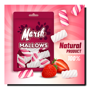 Marshmallows Creative Promotional Poster Vector. Strawberry Marshmallows Blank Package And Ripe Berries On Advertising Banner. Delicious Sweet Natural Product Style Concept Template Illustration