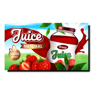 Natural Juice Creative Promotional Banner Vector. Strawberry Juice Blank Glass Jar And Nature Leaves On Advertising Poster. Organic Drink Natural Product Style Concept Template Illustration