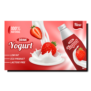 yogurt drink creative promotional poster vector. yogurt blank bottle, dairy product splash with strawberry on advertising banner. weight loss dessert style concept template illustration