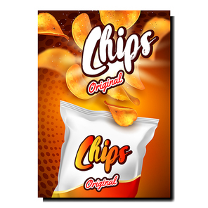 Chips Food Creative Promotional Banner Vector. Salty Potato Chips And Blank Package On Advertising Poster. Salted Crisps Snack, Market Grocery Product Style Concept Template Illustration