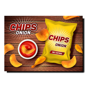 Onion Chips Creative Promotional Poster Vector. Chips, Ketchup Sauce In Plate And Blank Packaging Bag On Wooden Table Advertising Banner. Party Snack Style Concept Template Illustration