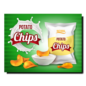 Potato Chips Snack Creative Promo Banner Vector. Chips, Mayonnaise in Bowl, Sauce Splash And Blank Bag Package On Elegant Advertising Poster. Unhealthy Eating Style Concept Template Illustration