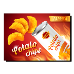 Potato Chips Creative Advertising Poster Vector. Chips With Paprika Taste, Blank Package And Burning Flame On Promotion Banner. Flavored Fried Meal Style Concept Template Illustration