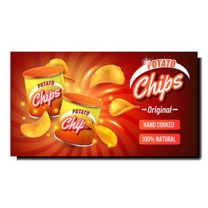 Potato Chips Creative Promotional Banner Vector. Cooked Crispy Delicious Chips And Blank Packages On Advertising Poster. Original Taste Natural Gourmet Snack Style Concept Template Illustration