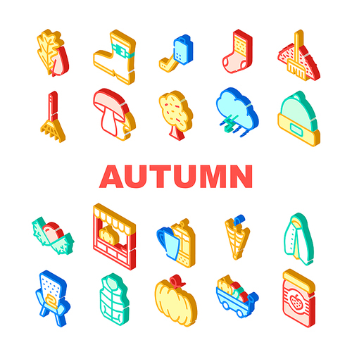 Autumn Season Objects Collection Icons Set Vector. Tree Leaves And Rake, Mushrooms And Pumpkin, Sock And Shoe, Umbrella And Armchair Isometric Sign Color Illustrations