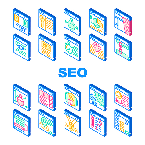 Seo Search Engine Optimization Icons Set Vector. Seo Copywriting And Monitoring, Content And Analyzing, Settings And Links Collection Isometric Sign Color Illustrations