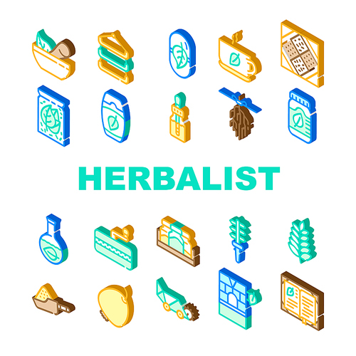 Herbalist Medical Collection Icons Set Vector. Scissors And Dryer, Organizer And Package Herbalist Equipment, Herbal Tea And Medicine Pills Isometric Sign Color Illustrations