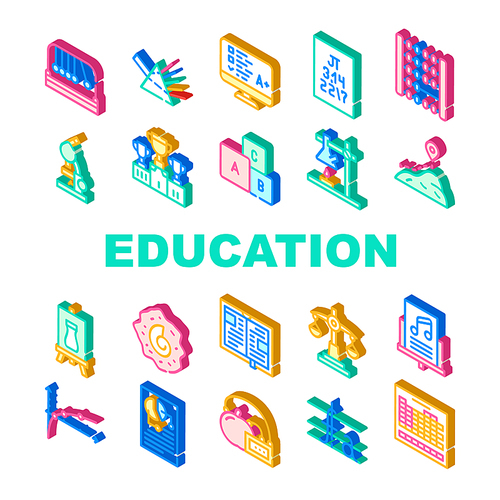 Education Science Collection Icons Set Vector. Chemistry And Physics, Sport And Literature, Music And Art, Biology And Mathematics Education Isometric Sign Color Illustrations