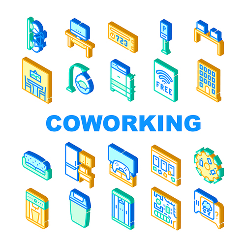 Coworking Work Office Collection Icons Set Vector. Coworking Layout And Furniture, Building And Parking, Workplace And Relaxation Place Isometric Sign Color Illustrations