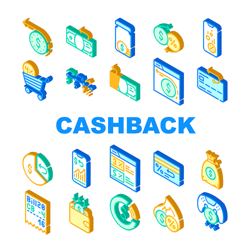 Cashback Money Service Collection Icons Set Vector. Cashback On Credit Card After Purchase And Game Buy, Bag With Cash And Wallet Isometric Sign Color Illustrations