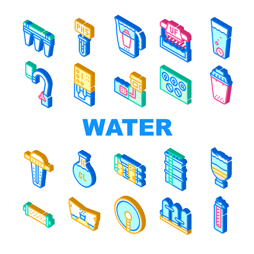 Water Treatment Filter Collection Icons Set Vector. Plant Purification System And Water Filtration Equipment, Chlorine And Ultraviolet Treat Isometric Sign Color Illustrations
