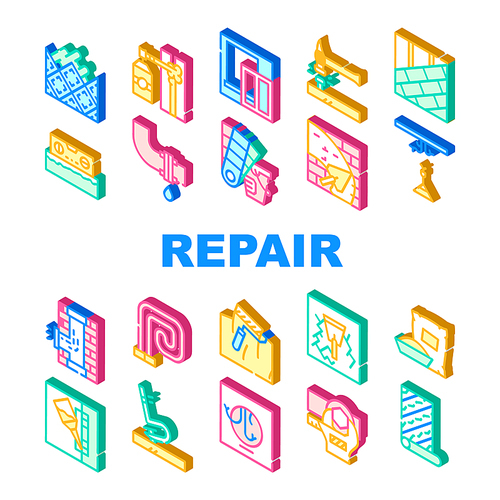 Home Repair Service Collection Icons Set Vector. Building Construction And House Repair, Lay Tiles And Roof, Glue Part And Hammer With Nail Isometric Sign Color Illustrations