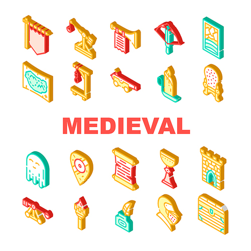 Medieval Middle Age Collection Icons Set Vector. Medieval Castle And Stained Glass, Knight Helmet And Shield, Candle And Torch, Map And Catapult Isometric Sign Color Illustrations