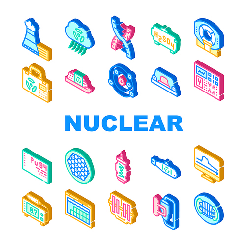 Nuclear Energy Power Collection Icons Set Vector. Acid Rain And Dna Decay, Mri Equipment And Nuclear Suitcase, Red Button And Control Isometric Sign Color Illustrations