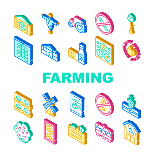 organic  farming collection icons set vector. electrical tractor and mill, organic farm greenhouse and barn, dairy products and eggs isometric sign color illustrations