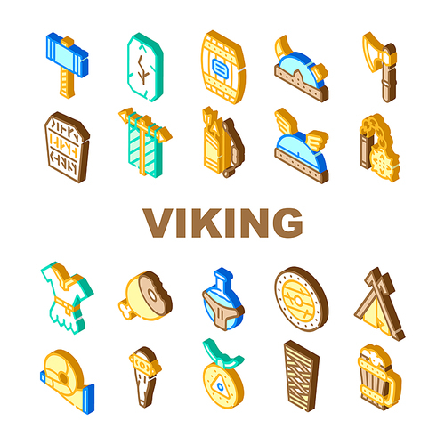 Viking Ancient Culture Collection Icons Set Vector. Viking Hammer And Ax, Bat And Mace, Drink Cup And Wooden Barrel, Clothes And Food Isometric Sign Color Illustrations
