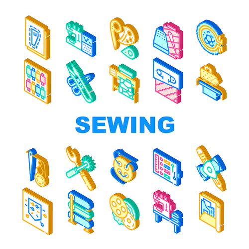 Sewing Craft Studio Collection Icons Set Vector. Sewing Machine And Scissors Equipment, Pattern And Thimble With Thread, Pin And Fabric Isometric Sign Color Illustrations