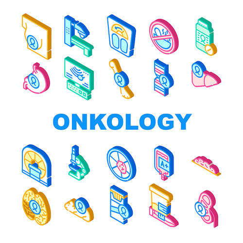 Oncology Examination Collection Icons Set Vector. Oncology Radiation Therapy Machine And Human Organ Cancer, Blood For Transfusion And Melanoma Isometric Sign Color Illustrations