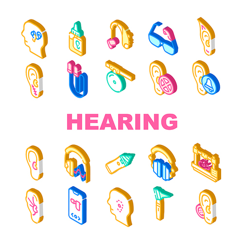 Hearing Equipment Collection Icons Set Vector. Cochlear Implant And Hearing Testing, Tool For Cleaning Ears And Otoscope Medical Device Isometric Sign Color Illustrations