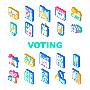 Voting And Elections Collection Icons Set Vector. Oath On Constitution And Ballot Box, Exit Polls, Disabled And Electronic Voting Booth Isometric Sign Color Illustrations