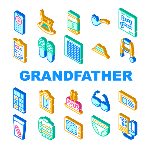 Grandfather Accessory Collection Icons Set Vector. Grandfather Glasses And Tv, False Jaw In Cup And Sweater, Newspaper And Hat, Domino And Bingo Isometric Sign Color Illustrations