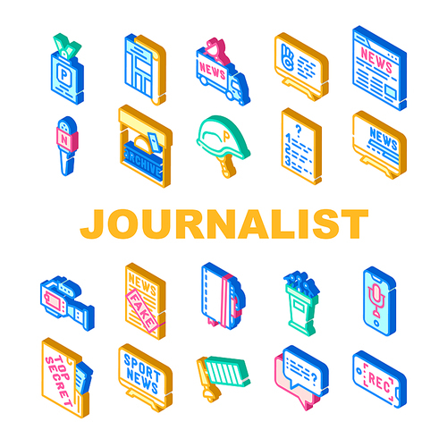 Journalist Accessories Collection Icons Set Vector. Journalist Badge And Helmet, Microphone And Video Camera Device, Sport And Fake News Isometric Sign Color Illustrations