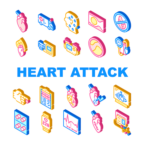 Heart Attack Disease Collection Icons Set Vector. Heart Human Organ And Rhythm, Ultrasound Medical Equipment And Ambulance Car, Isometric Sign Color Illustrations