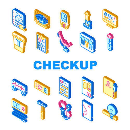 Medical Checkup Health Collection Icons Set Vector. Medical Questionnaire And Card, Blood Test And Analysis, Cardiogram And Endoscope Isometric Sign Color Illustrations