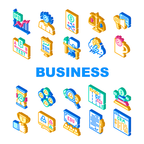 Business Situations Collection Icons Set Vector. Business Strategy And Presentation, Employee Search And Contract Signing, Coffee Break And Deadline Isometric Sign Color Illustrations
