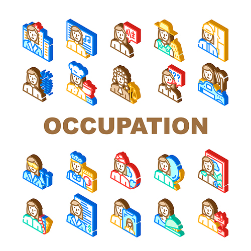 Female Occupation Collection Icons Set Vector. Doctor And Musician, Interpreter And Farmer, Architect And Judge Woman Occupation Isometric Sign Color Illustrations