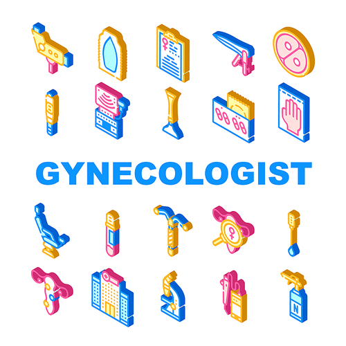 Gynecologist Treatment Collection Icons Set Vector. Gynecologist Colposcope And Stethoscope, Gynecological Suppositories And Chair Isometric Sign Color Illustrations