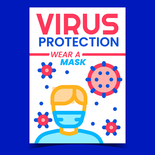 Virus Protection Mask Creative Promo Banner Vector. Human With Protective Facial Mask Advertising Poster. Coronavirus Covid-19 Or Flu Disease Protect Concept Template Style Color Illustration