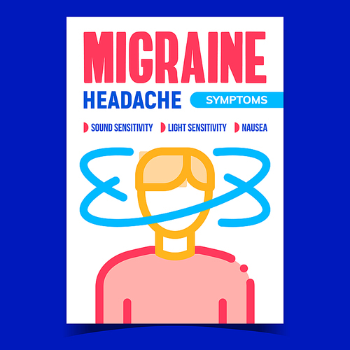 Migraine Headache Symptoms Promo Banner Vector. Illness Human With Nausea, Sound And Light Sensitivity Migraine Syndromes Advertising Poster. Concept Template Style Color Illustration