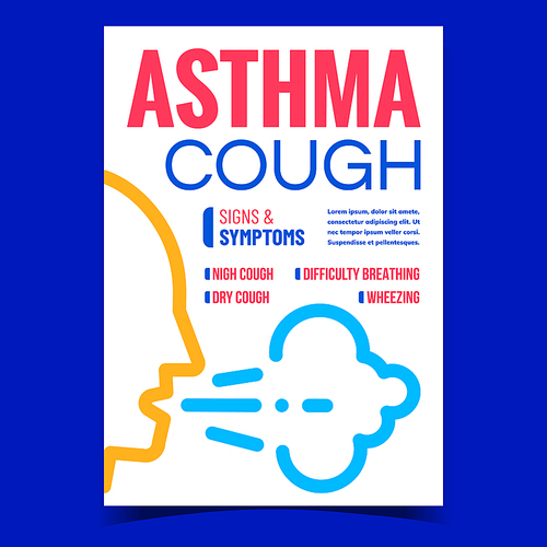 Asthma Cough Creative Promotional Poster Vector. Dry Coughing, Wheezing And Difficulty Breathing Asthma Signs And Symptoms Advertising Banner. Concept Template Style Color Illustration
