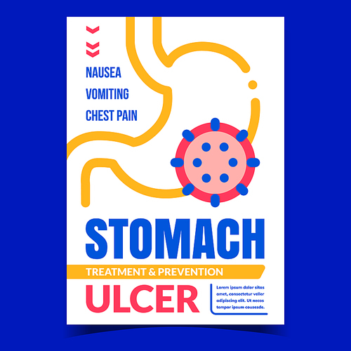 Stomach Ulcer Creative Promotional Poster Vector. Stomach Disease Treatment And Prevention Advertising Banner. Nausea, Vomiting And Chest Pain Symptoms Concept Template Style Color Illustration