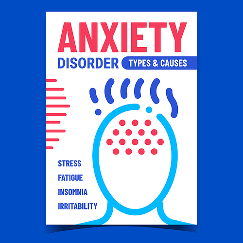 Anxiety Disorder Creative Promotion Banner Vector. Stress And Fatigue, Insomnia And Irritability Anxiety Symptoms, Types And Causes Advertising Poster. Concept Template Style Color Illustration