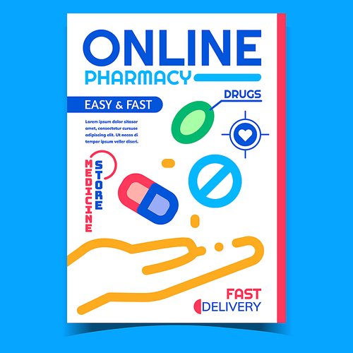 Online Pharmacy Creative Advertising Poster Vector. Hand Holding Drugs And Pills, Internet Pharmacy Store And Delivery Service Promotional Banner. Concept Template Style Color Illustration