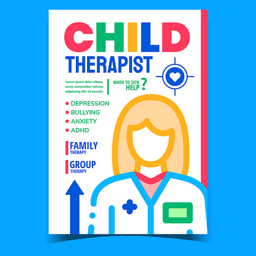 Child Therapist Creative Advertising Banner Vector. Depression And Bullying, Anxiety And Adhd Therapist Treatment Promotional Poster. Family Therapy Concept Template Style Color Illustration