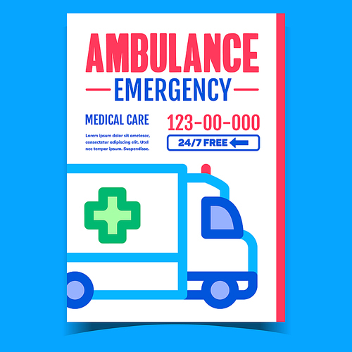 Ambulance Emergency Advertising Banner Vector. Hospital Transportation Ambulance Car Truck With Cross On Creative Promotional Poster. Medical Care Concept Template Style Color Illustration
