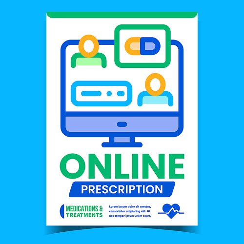 Online Prescription Advertising Poster Vector. Medical Consultation And Online Prescription, Internet Pharmacy Promotional Banner. Medications And Treatment Concept Template Style Color Illustration