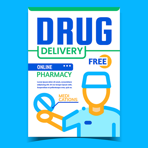 Drug Delivery Creative Advertising Banner Vector. Online Pharmacy Store Medications Pills Delivery Service Promotional Poster. Internet Shop Concept Template Style Color Illustration