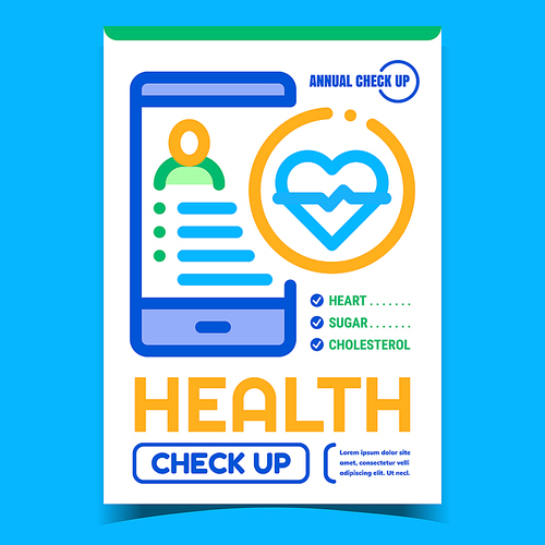 Health Check Up Creative Advertising Poster Vector. Heart, Sugar And Cholesterol Check Up Mobile Phone Application Promotional Banner. Smartphone App Concept Template Style Color Illustration